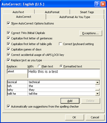 Picture - The AutoCorrect panel from Micorsoft Word XP.