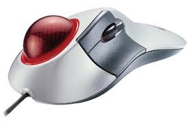 dark gray and matalic finish with red trackball. looks simular to a mouse. 2 buttons with scroll wheel inbetween. left handed model